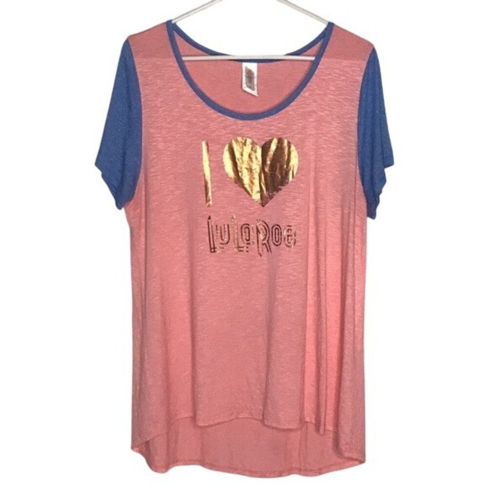 Pink & Blue I HEART LOVE LULAROE Foil Print Short Sleeve Baseball T-Shirt XL